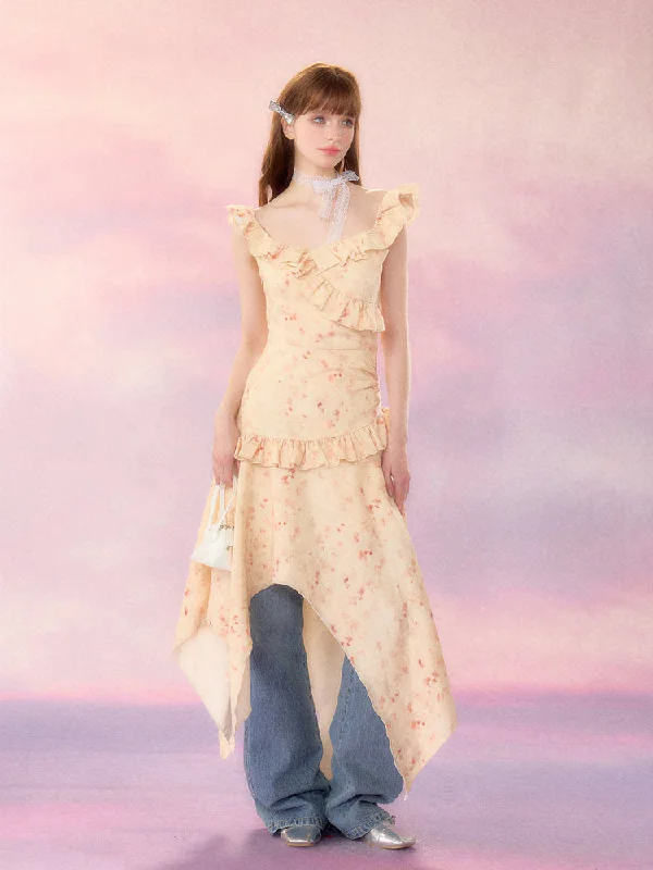 Frill Design Irregular Hem Floral Slim Dress SPE0042 Tunics Corduroy durable