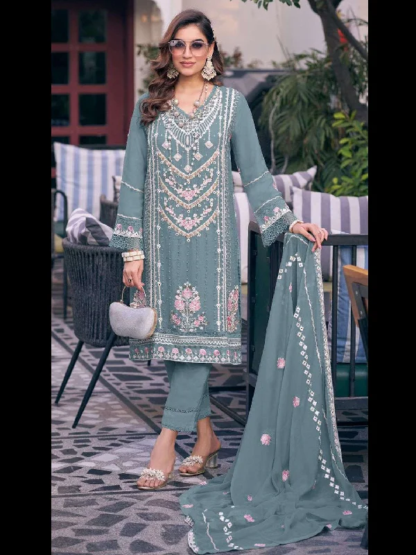 Light Teal Classy Designer Semi-Stitched Fox Georgette Pant Suit With Embroidery Sequins Work Casual Skinny Fit Pants