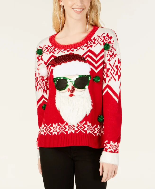 Hooked Up By Iot Juniors Embellished Santa Sweater Front Pockets Side Pockets Patch Pockets