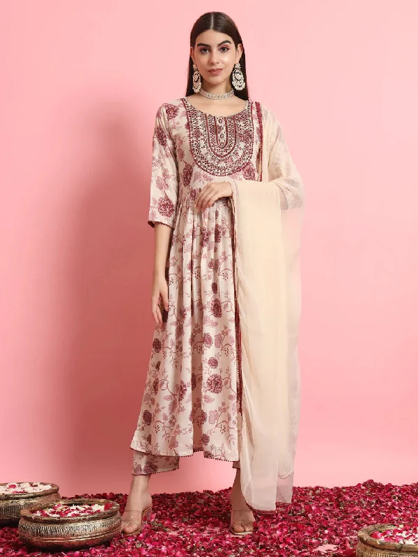 Beige Premium Designer Readymade Pant Suit With Embroidery Work Cozy Knit Pants