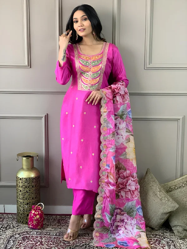 Pink Designer Readymade Pant Suit With Embroidery Printed Work Elegant Palazzo Trousers