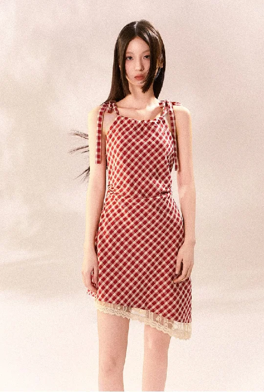 Red Plaid Irregular Suspender Dress TIP0006 Tunics Top rated
