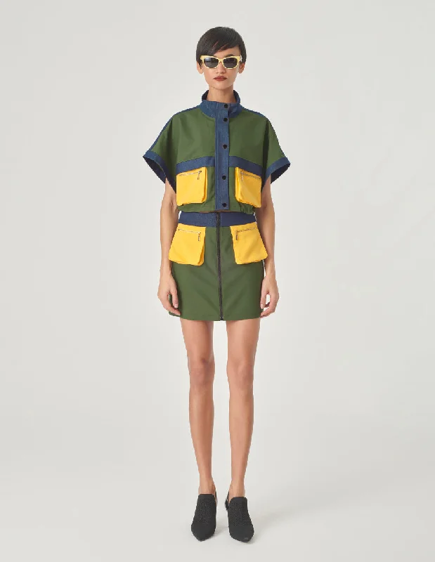 MARYLING Green Denim Patchwork Mini Skirt chiffon skirt lightweight