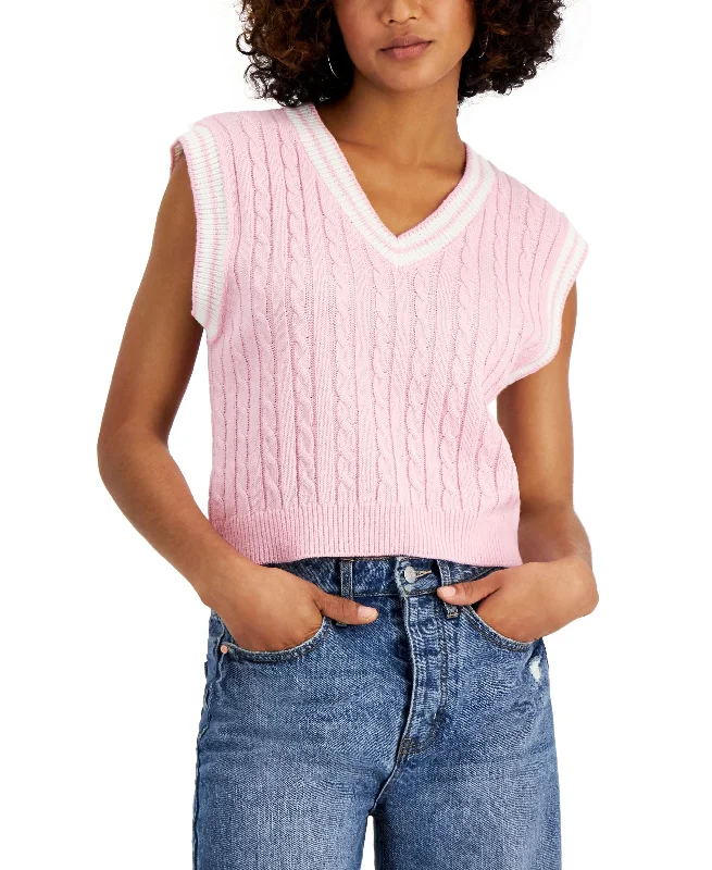 Sugar Moon Juniors' Cable-Knit Sweater Vest Striped Floral Plaid