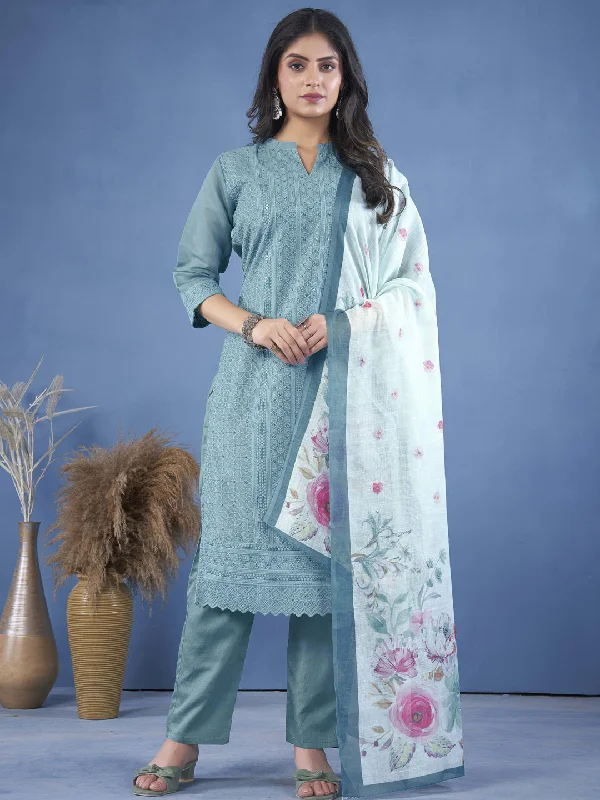 Sky Blue Trendy Designer Readymade Pant Suit With Digital Printed Embroidery Work Comfortable Pleated Pants