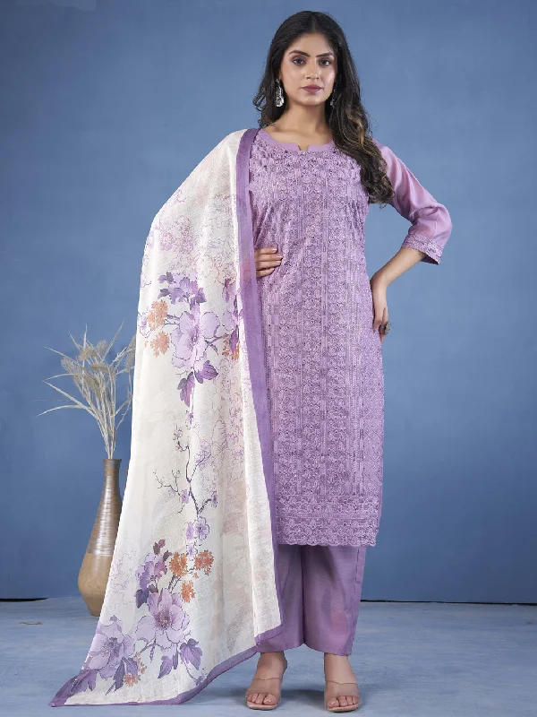 Lavender Trendy Designer Readymade Pant Suit With Digital Printed Embroidery Work Classic Stretch Pants
