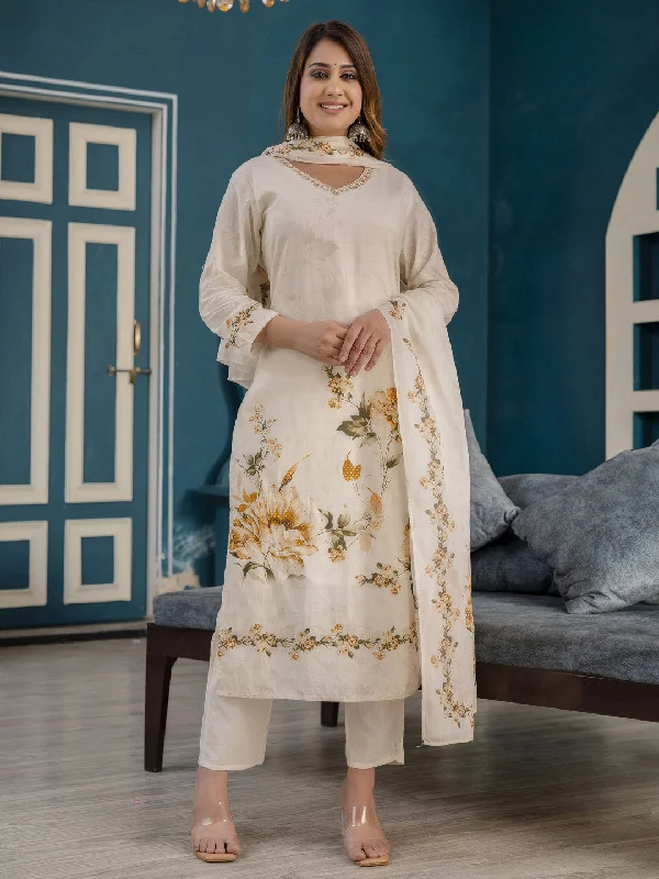 Cream Trendy Designer Readymade Pant Suit With Embroidery Work Chic Slim Fit Pants
