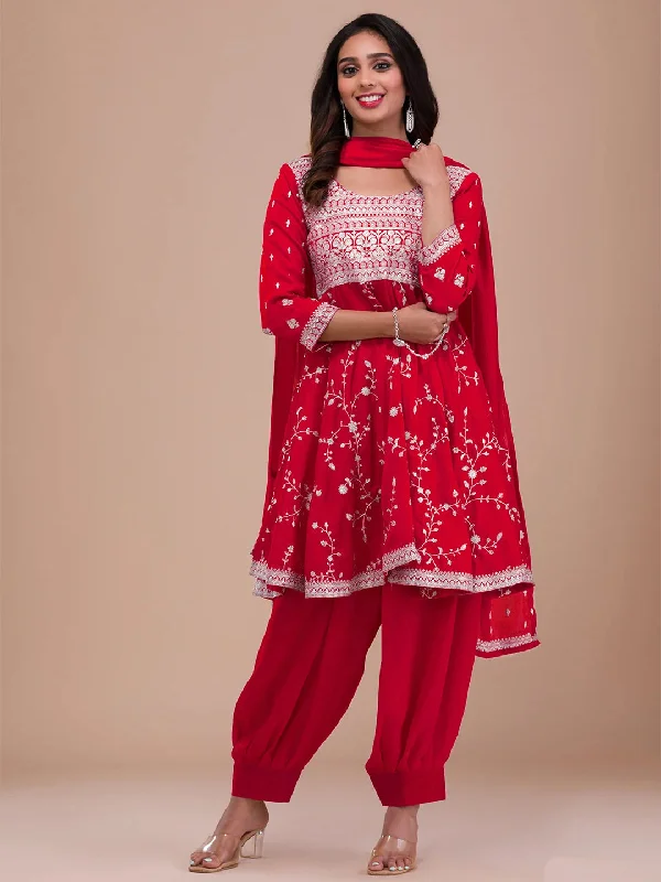 Red Traditional Readymade Pakistani Pant Suit With Sequence Embroidery Work Comfortable Denim Trousers