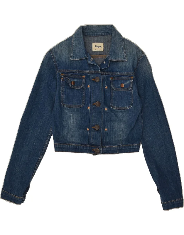 WRANGLER Womens Crop Denim Jacket UK 12 Medium Blue Cotton Elasticated Jacket Padded Jacket Insulated Jacket