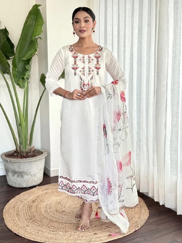 White Designer Party Wear Readymade Pant Suit With Printed Embroidery Work Trendy High-Waist Trousers
