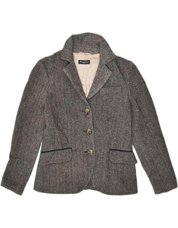 MASSIMO DUTTI Womens 3 Button Blazer Jacket EU 36 Small Grey Chevron Wool Notch Collar Peter Pan Collar Cowl Neck