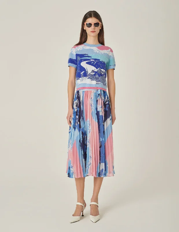 MARYLING Printed Pleated Knee-Length Skirt button skirt front