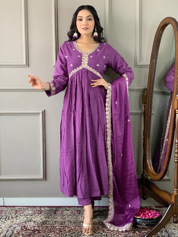 Purple Attractive Looking Pant Suit With Designer Embroidery Printed Work Formal Stretch Pants