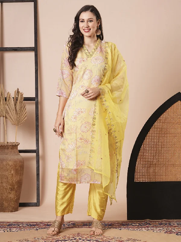 Yellow Party Wear Readymade Pant Suit With Embroidery Printed Work Relaxed Linen Pants