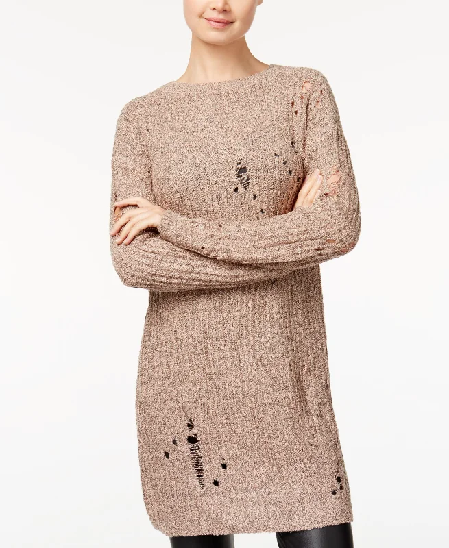 Juniors' Ripped Sweater Tunic Houndstooth Herringbone Solid