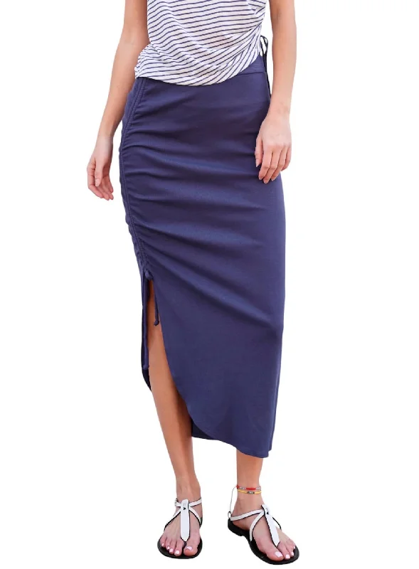 Shirred Midi Skirt In Deep Sea Navy wool skirt warm