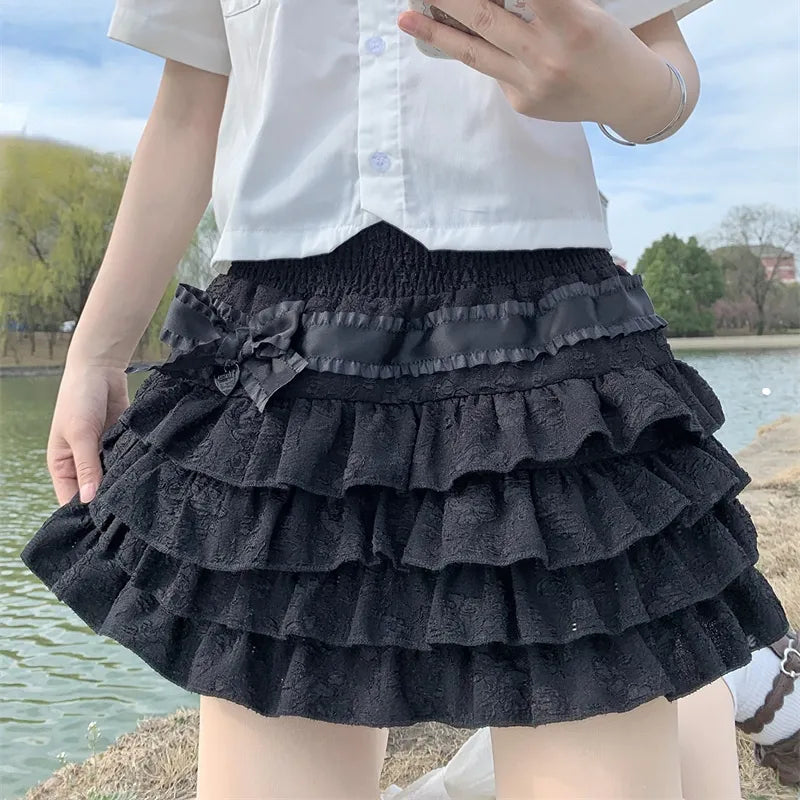 Kawaii Lolita Mini Skirt Women Gothic High Waist Ruffle Tiered Skirts Sweet Girly Summer Harajuku Y2k Short Skirt velvet skirt glossy
