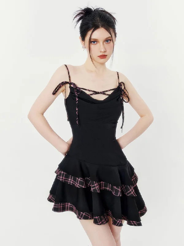 Irregular Splicing Plaid Suspender Puffy Strap Dress VOC0207 Shift Classic Vintage