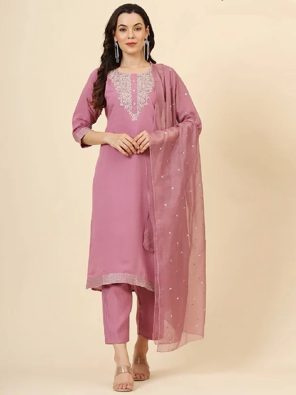 Mauve Trendy Readymade Pant Suit With Embroidery Work Fashionable Track Pants