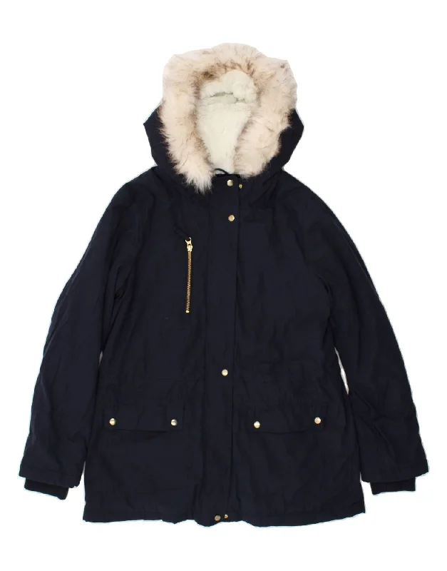 OASIS Womens Hooded Sherpa Windbreaker Jacket UK 14 Medium Navy Blue Tailored Jacket Straight Jacket A-Line Jacket