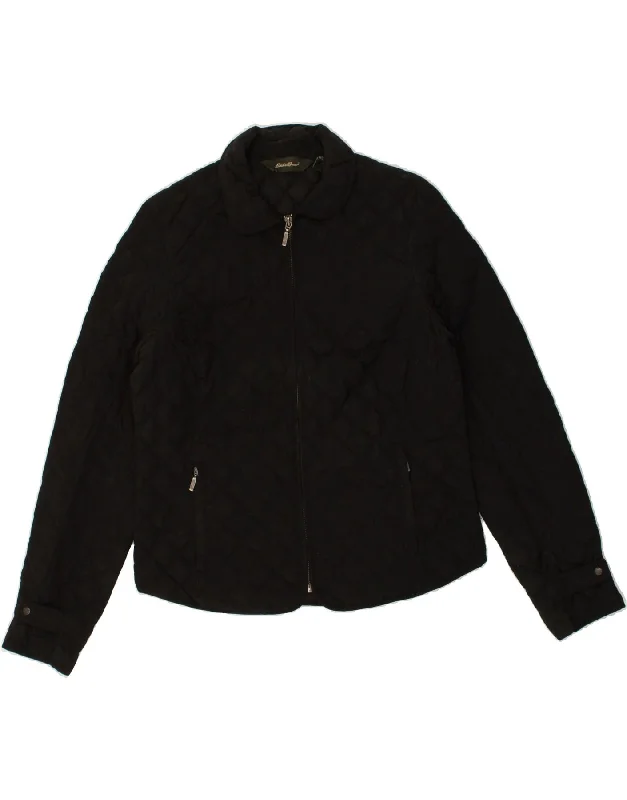 EDDIE BAUER Womens Quilted Jacket UK 14 Medium Black Polyester Faux Fur Jacket Real Fur Jacket Shearling Jacket