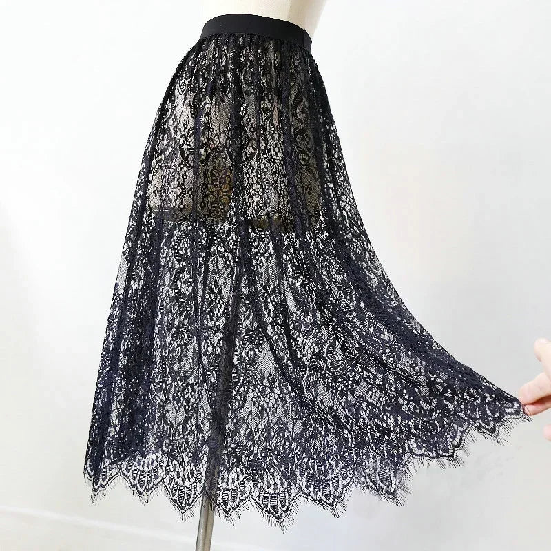 Women Mesh Lace Transparent Long Tulle Skirt Korean Fashion Summer Ladies Elastic High Waist Black White Beach Midi Skirt denim skirt stylish
