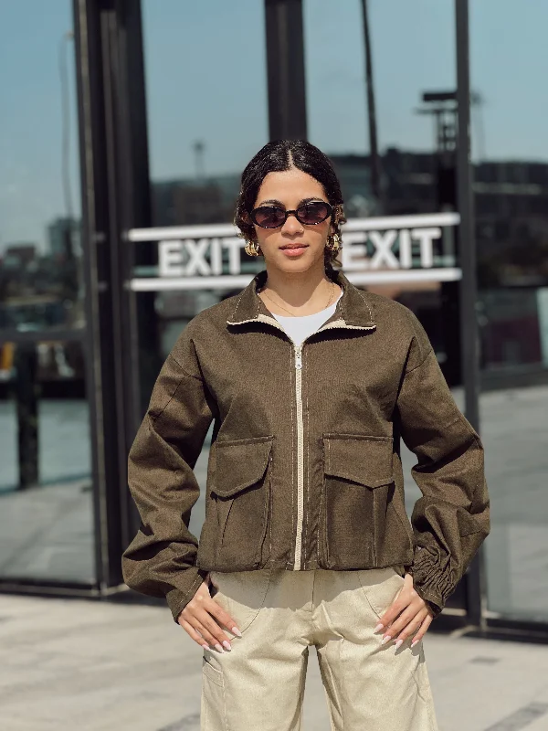 Army green jacket Zippered Front Buttoned Front Snap Front