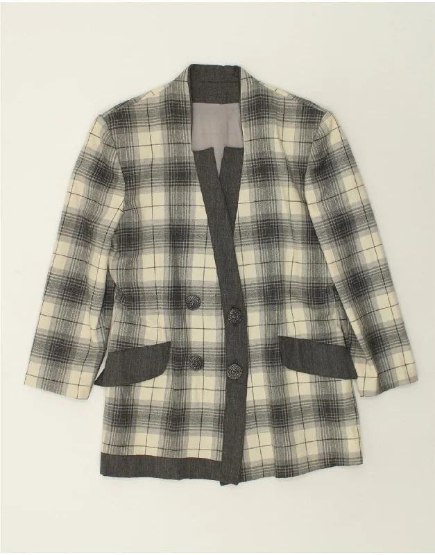 VINTAGE Womens Double Breasted Blazer Jacket IT 46 Large Beige Check Wool Faux Fur Jacket Real Fur Jacket Shearling Jacket