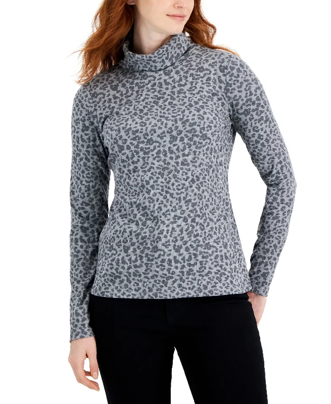 Style & Co Womens Leopard Turtleneck Sweater Sequined Glittery Shiny