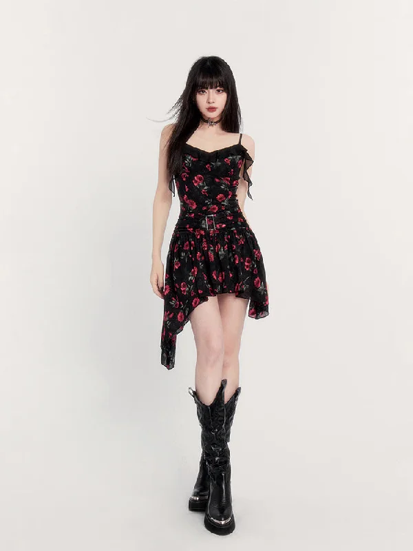 Rose French Black Floral Ribbon Suspender Dress VOC0221 Casual Short Summer