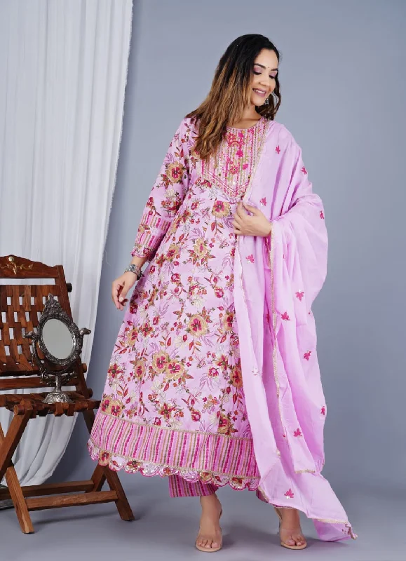 Pink Designer Readymade Cotton Pant Suit With Designer Printed Embroidery Work Casual Lounge Pants