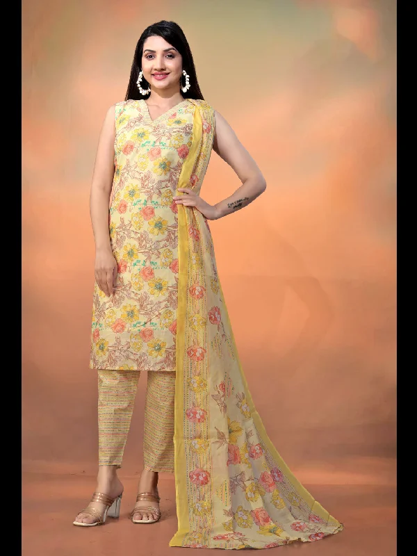 Yellow Attractive Looking Pant Suit With Designer Foil Printed Work Relaxed Casual Leggings