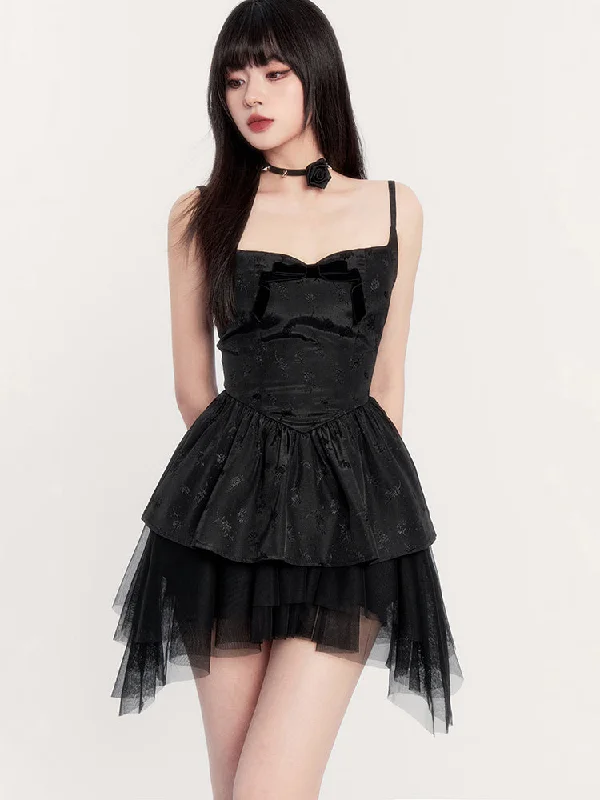 Rose Jacquard Gauze Irregular Suspender Bow Waist Slimming Dress VOC0231 Bodycon Club Sequined
