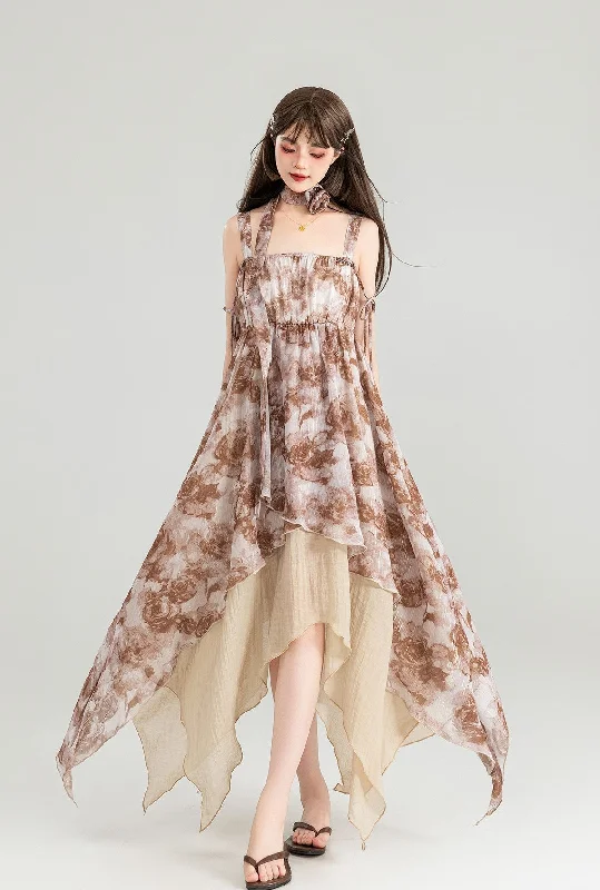 Rose Floral Sling Irregular Design Slim Long Dress KEI0110 Tunics Lace romantic