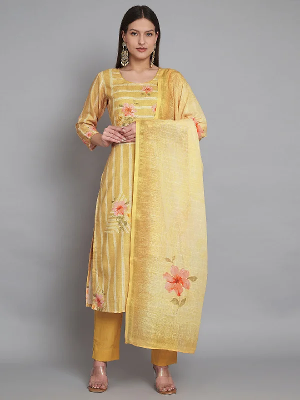 Yellow Trendy Elementary Designer Readymade Linen Pant Suit With Embroidery Work Casual Sweatpants Style