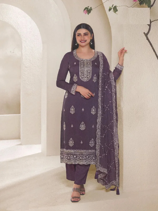 Lavender Festive Wear Designer Semi-Stitched Pant Suit With Embroidery Work Cozy Full-Length Pants