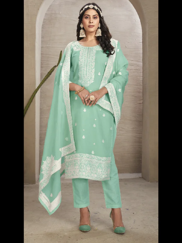 Sea Green Readymade Organza Pant Suit With Wevon Designer Hand Work Elegant Wool Trousers