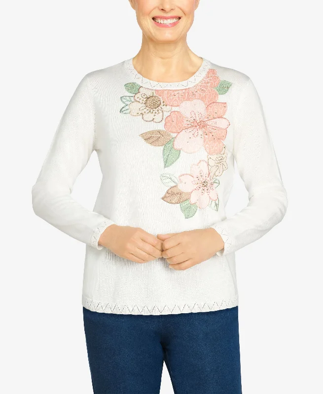 Plus Size Echo Canyon Floral Applique Yoke Sweater Hooded Sweater Collared Sweater Shawl Collar