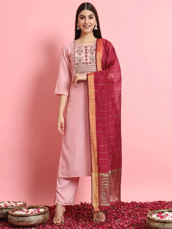 Baby Pink Premium Designer Pant Suit With Embroidery Work Sleek Black Pants