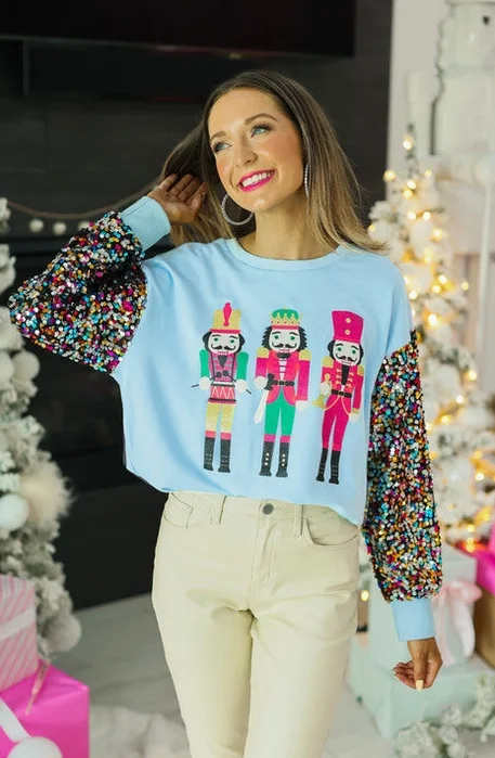 Sequined Nutcracker Sweatshirt Graphic Hoodie with Hem Raw Edge Edgy Unfinished