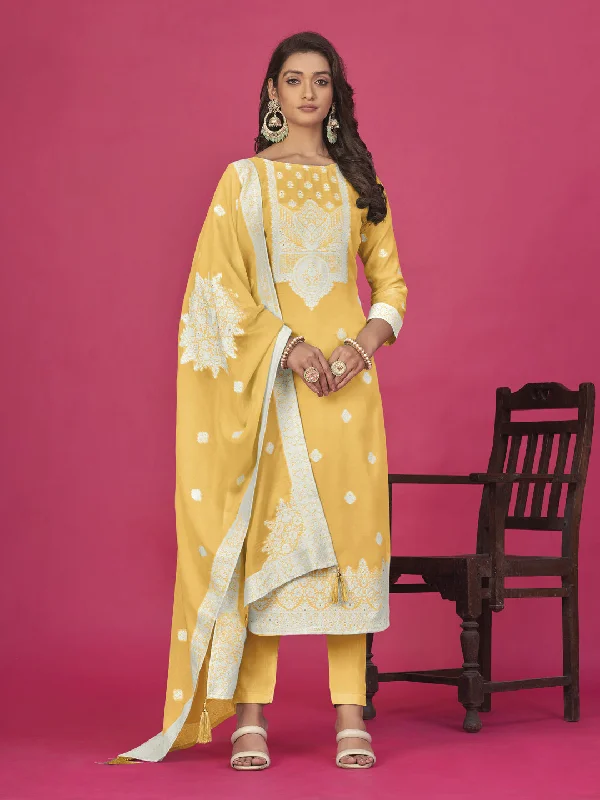 Yellow Designer Readymade Organza Pant Suit With Wevon Design Baadla Work Soft Stretch Pants