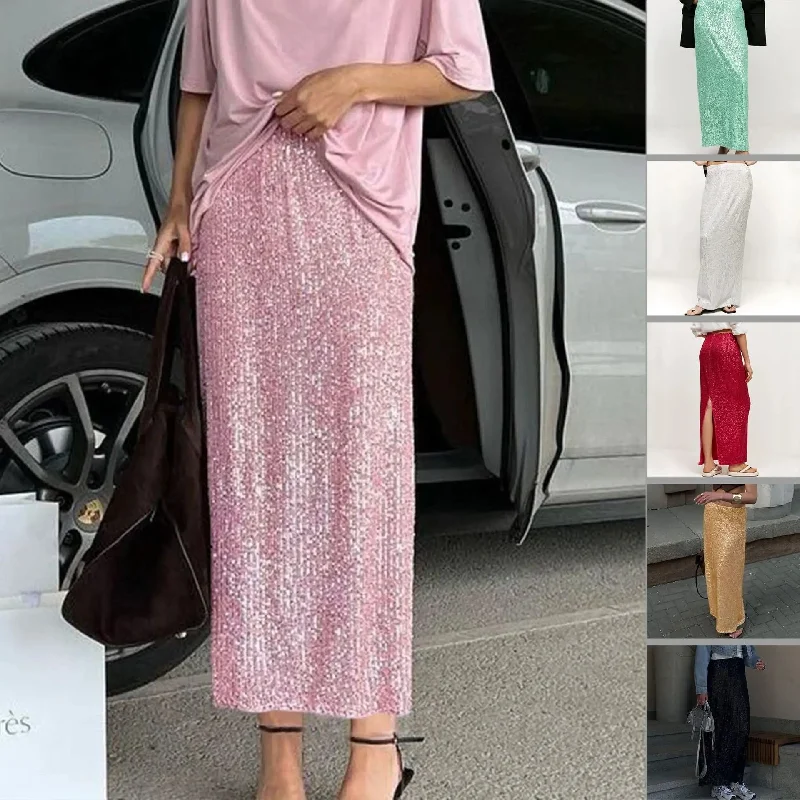 Long Sequin Skirt Fashion Back Slit button skirt front