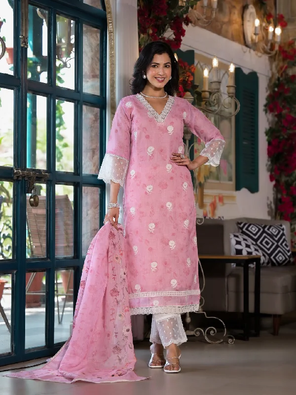 Pink Designer Readymade Linen Pant Suit With Digital Printed Work Formal Linen Trousers