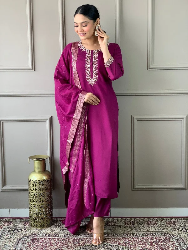Burgundy Designer Readymade Pant Suit With Embroidery Printed Work Relaxed Lounge Trousers