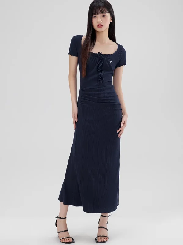 Square Neck Back Slit Stretch Tight Dress WOO0082 empire Waist empire