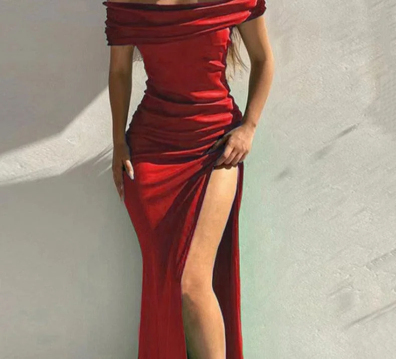 Summer Off Shoulder Elegant Sexy High Slit Evening Dresses Women Solid Tunics Top rated