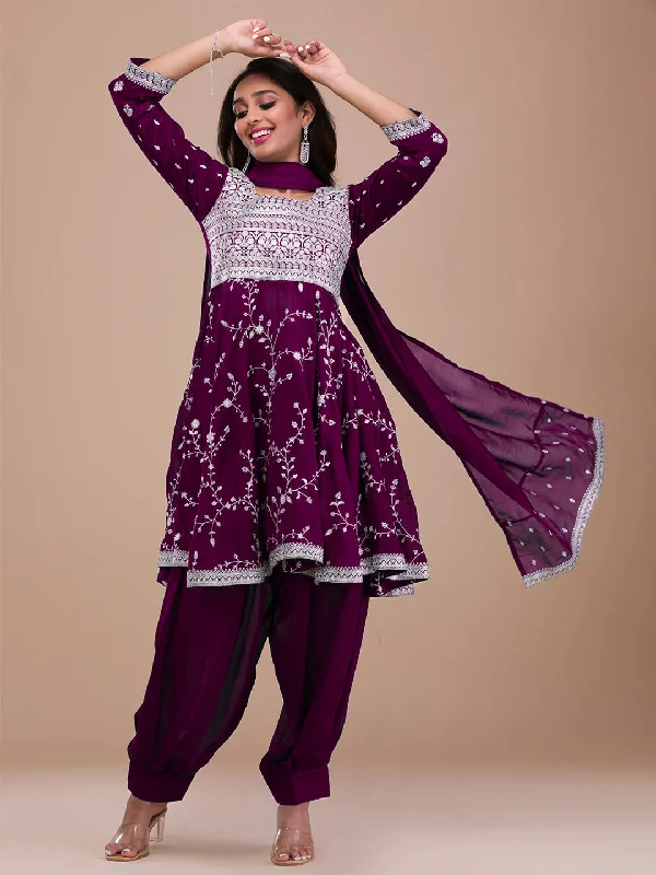 Purple Traditional Readymade Pakistani Pant Suit With Sequence Embroidery Work Formal Wide-Leg Pants