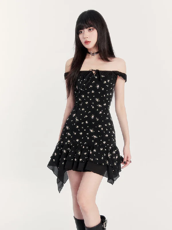 Pleated Collar Irregular Floral Dress VOC0215 Boat Neckline Classic
