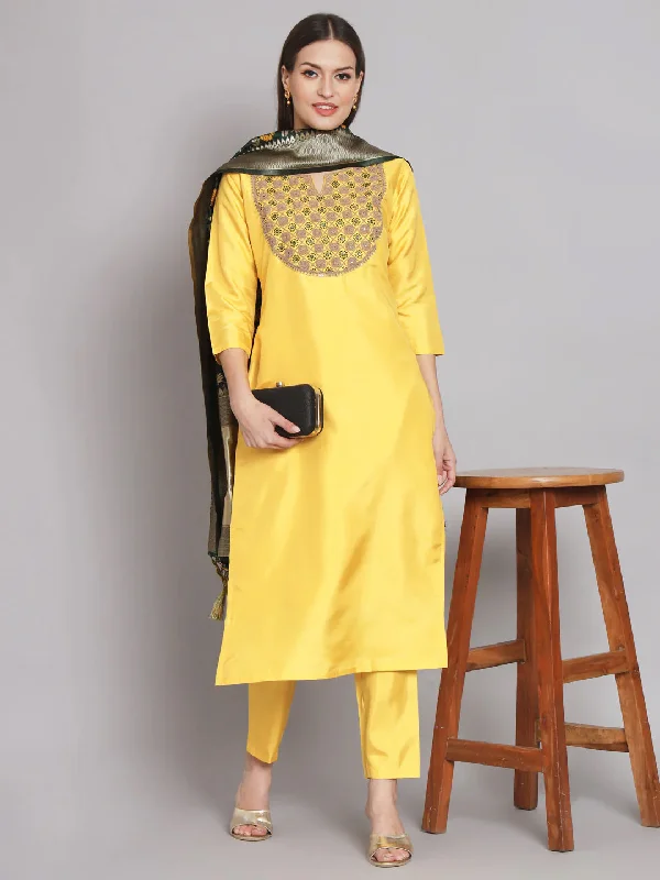 Yellow Trendy Designer Readymade Silk Blend Pant Suit With Embroidery Printed Work Comfortable Pleated Pants