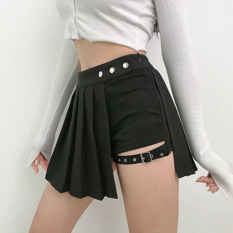 Pleated Girls Gothic Half Skirts Summer Harajuku Punk Style Plaid Irregular Skirts Women Asymmetrical High Waist Black Skirts linen skirt natural